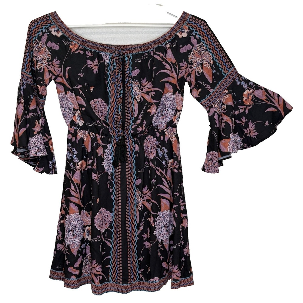 Jealous Tomato Mini Dress Size Medium Black Floral Print 3/4‎ Bell Sleeve Boho